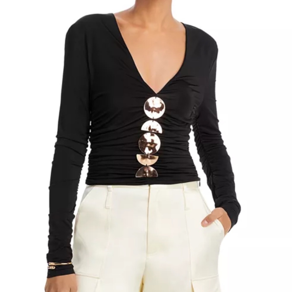 cult gaia Black Long-Sleeve V-Neck Top with Gold Disc Detail